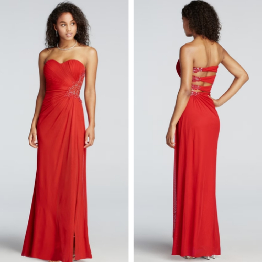 EUC Xscape Strapless Beaded Cut Out Back Prom Dress Size 0 (Red) STYLE# XS6876